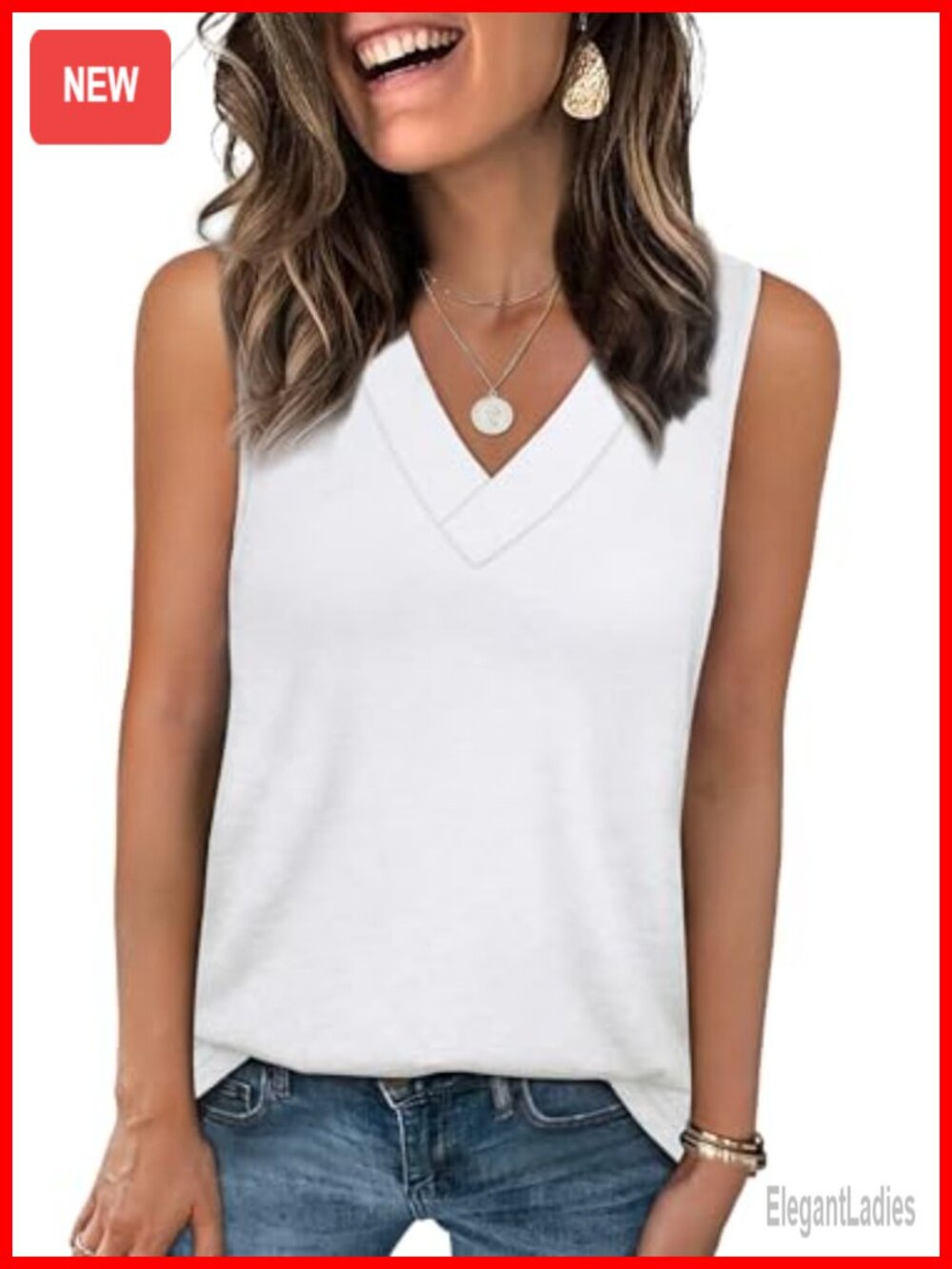 Womens Sleeveless V-Neck Tank Top Soft Polyester Blend Summer Casual Tee
